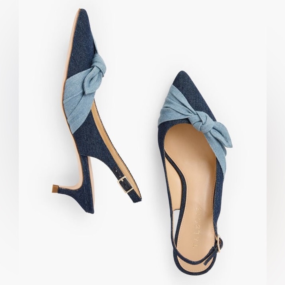Talbots SYLVIE SIDE KNOT SLINGBACKS DENIM Blue Kitten Heel sz 8.5